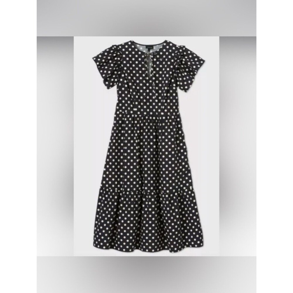 Who What Wear Black Cotton Cream Polka Dot Dress Pockets V Tie Neck M Tiered